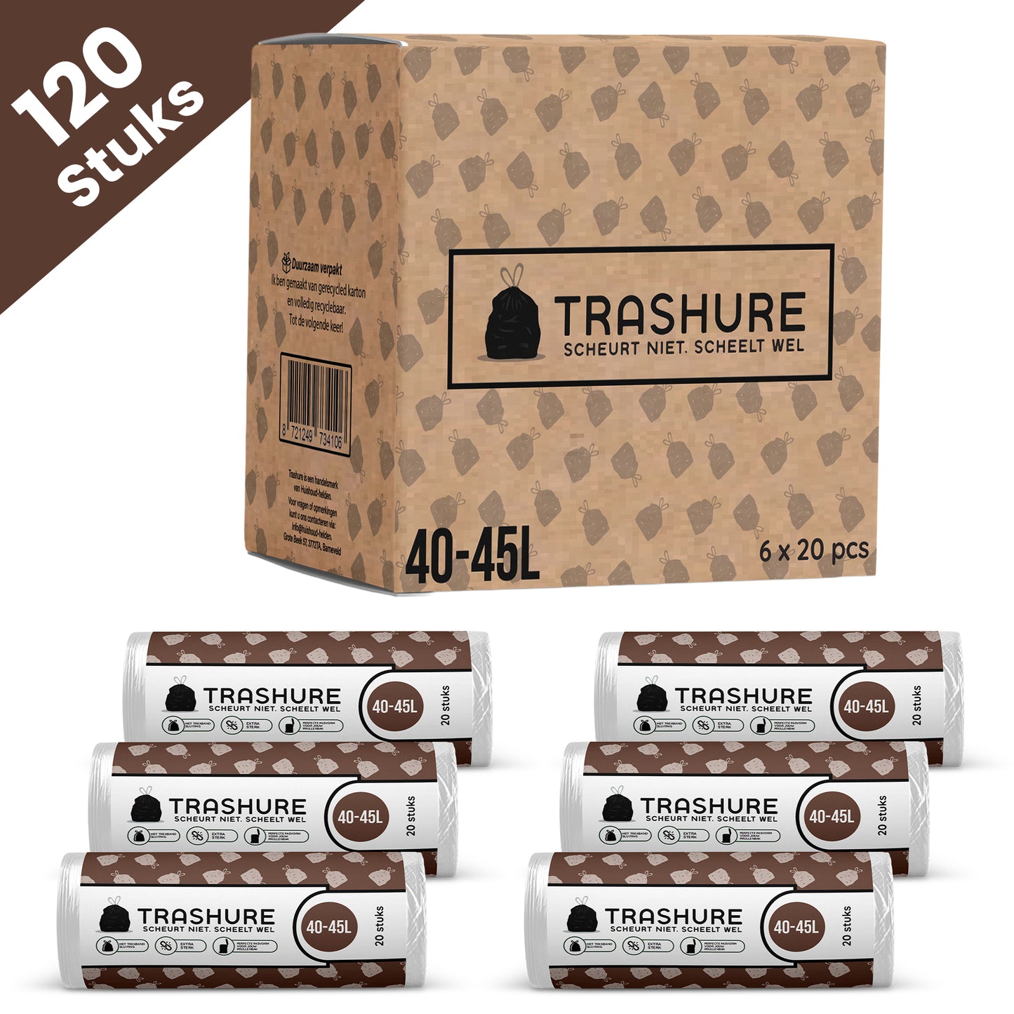 Trashure Vuilniszakken - Code L - Geschikt voor Brabantia prullenbak - 6 rollen x 20 stuks - 40-45 L met trekbandsluiting