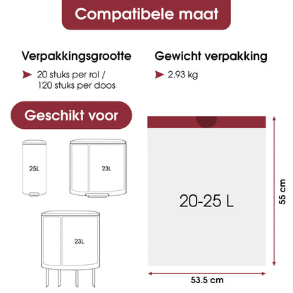 Trashure Vuilniszakken - Code J - Geschikt voor Brabantia prullenbak - 6 rollen x 20 stuks - 20-25L met trekbandsluiting
