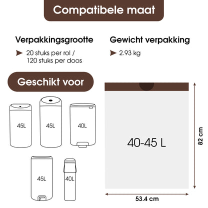Trashure Vuilniszakken - Code L - Geschikt voor Brabantia prullenbak - 6 rollen x 20 stuks - 40-45 L met trekbandsluiting