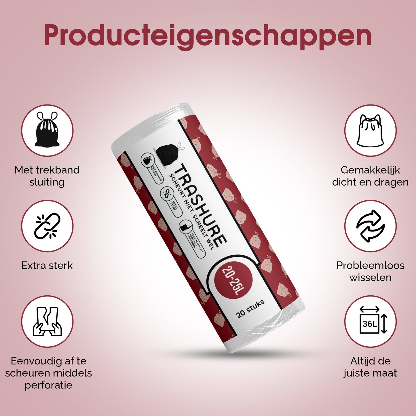 Trashure Vuilniszakken - Code J - Geschikt voor Brabantia prullenbak - 6 rollen x 20 stuks - 20-25L met trekbandsluiting
