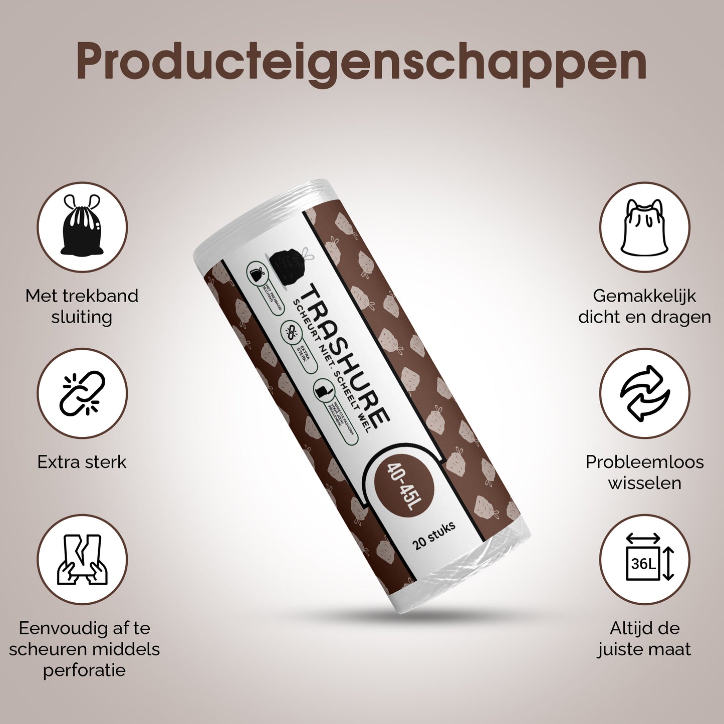 Trashure Vuilniszakken - Code L - Geschikt voor Brabantia prullenbak - 6 rollen x 20 stuks - 40-45 L met trekbandsluiting